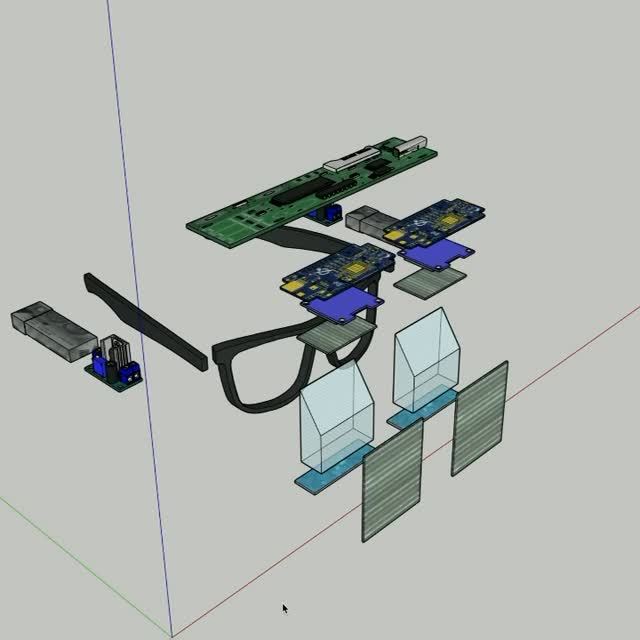 Exploded CAD view of the glasses with display, mirror and circuit boards