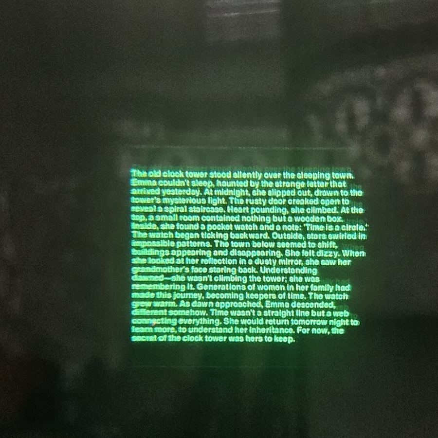 Green text in focus through the projector lens