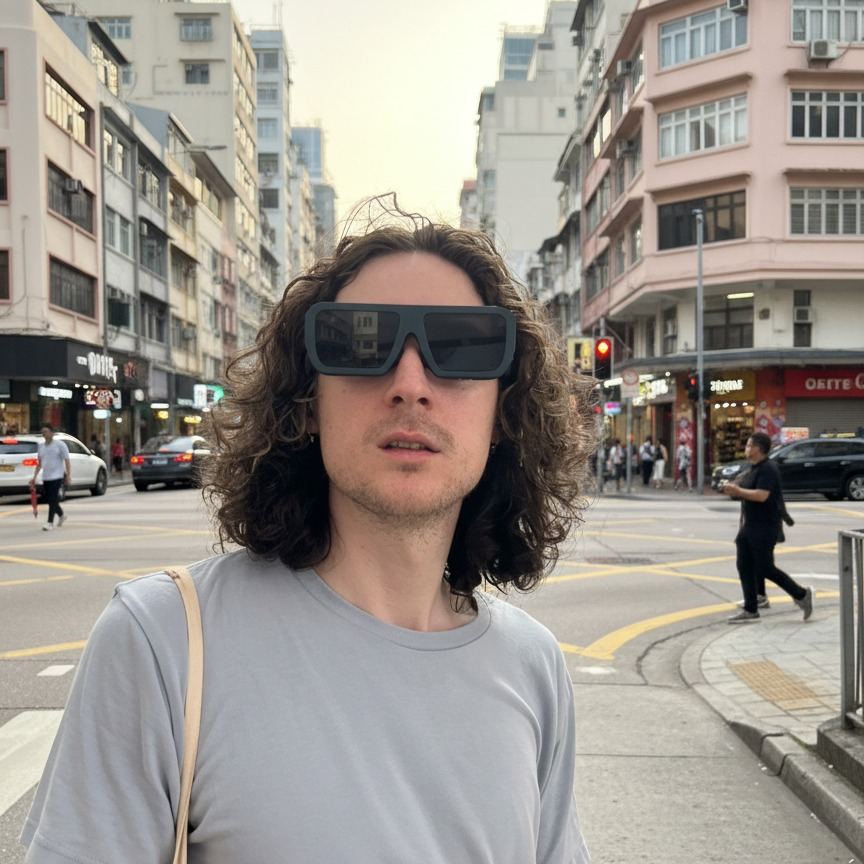A man with long curly hair wearing the glasses on a city street